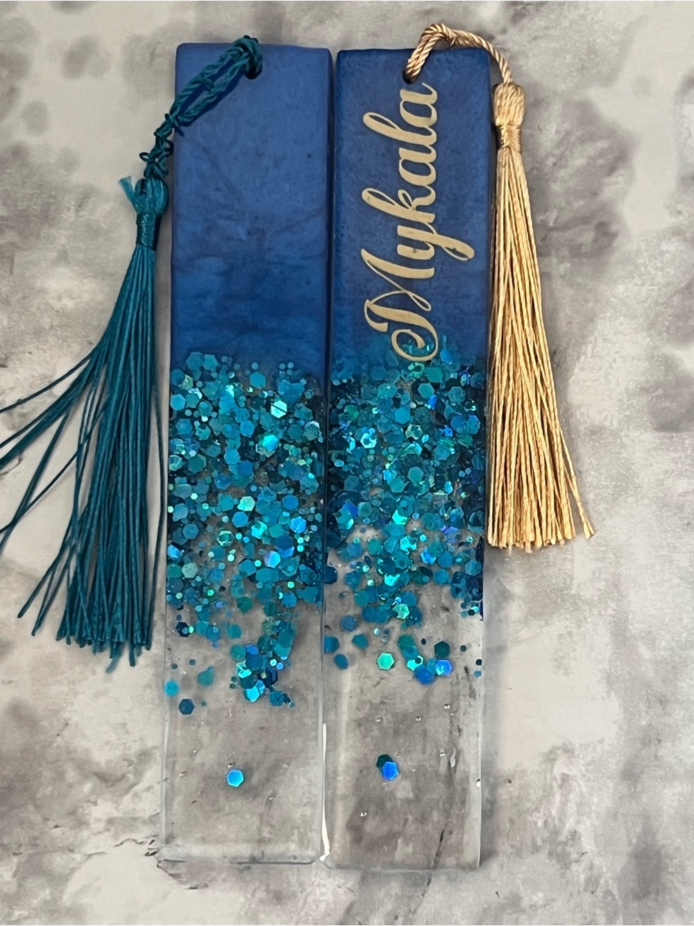 Personalized Blue Glitter Resin Bookmark with Tassel - Mykala